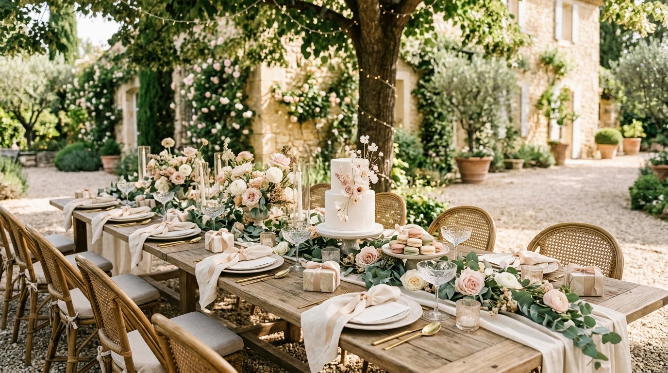 Table de baby shower élégante dans le jardin d’une villa, fleurs pastel et gâteau blanc