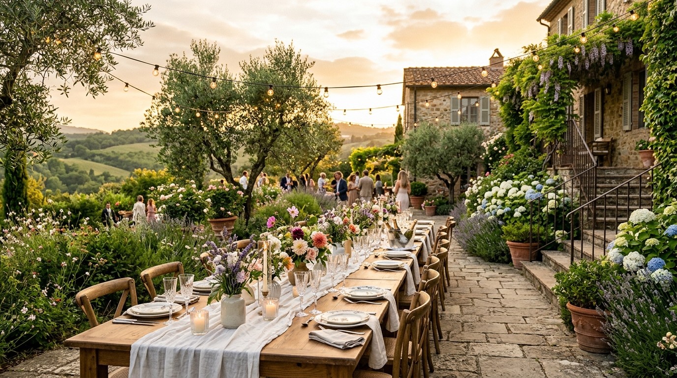 Longue table de garden-party dressée dans un jardin de villa au golden hour