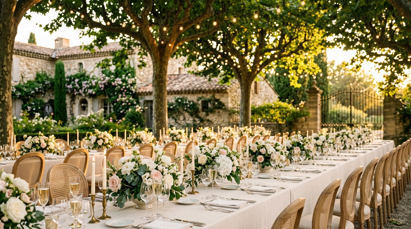 Table de mariage élégante en jardin de villa au coucher du soleil