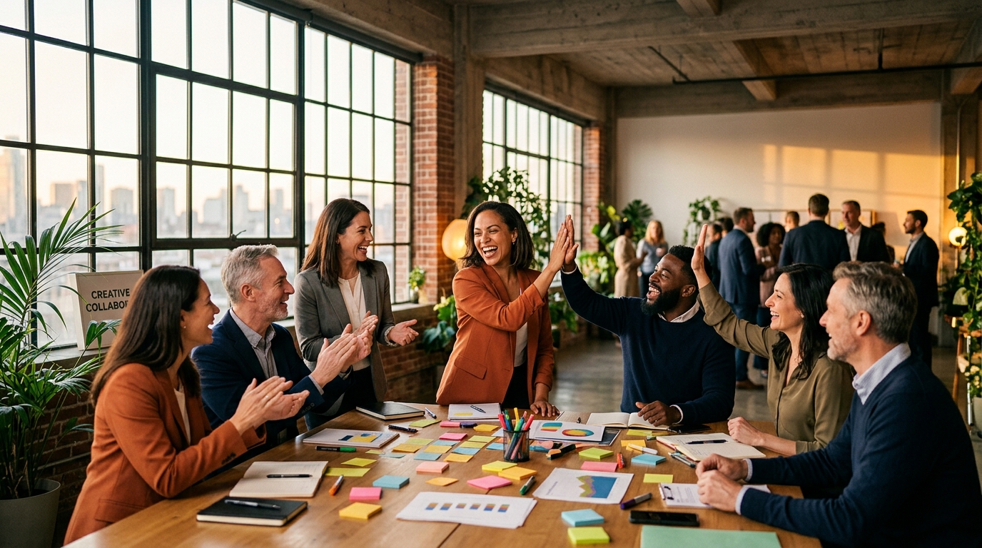 Team building réussi en loft privatisé – collaborateurs en atelier créatif