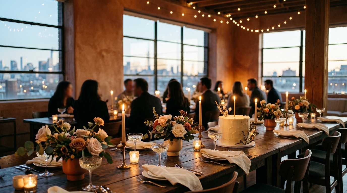 Anniversaire adulte élégant dans un loft privatif, table dressée aux bougies