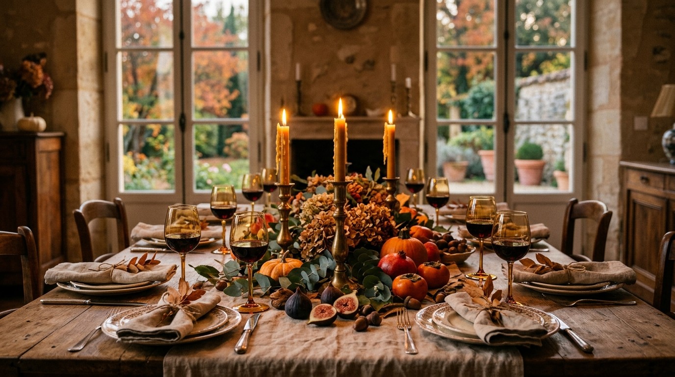 Dßner d'automne intimiste : table dressée aux bougies, fruits de saison et vin rouge dans une villa
