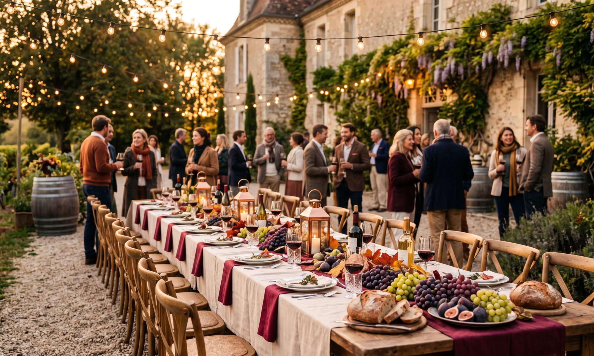 Fête des vendanges privée : longue table d'automne dans le jardin d'une villa en pierre, guirlandes et raisins