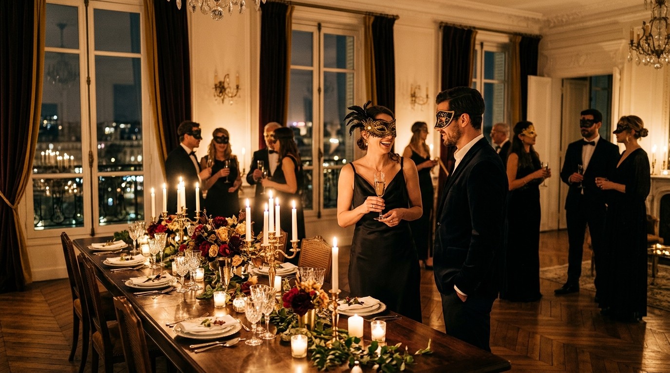 Soirée déguisée adulte élégante avec masques vénitiens, table aux chandelles et invités en tenue de soirée