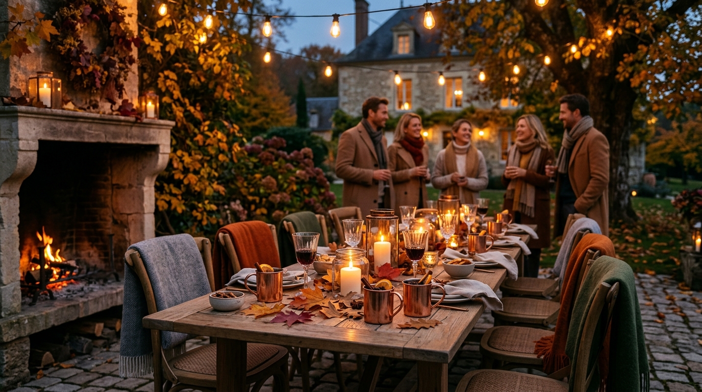Table d'automne au crépuscule, mugs de vin chaud, feu de cheminée et guirlandes dans un jardin privatif