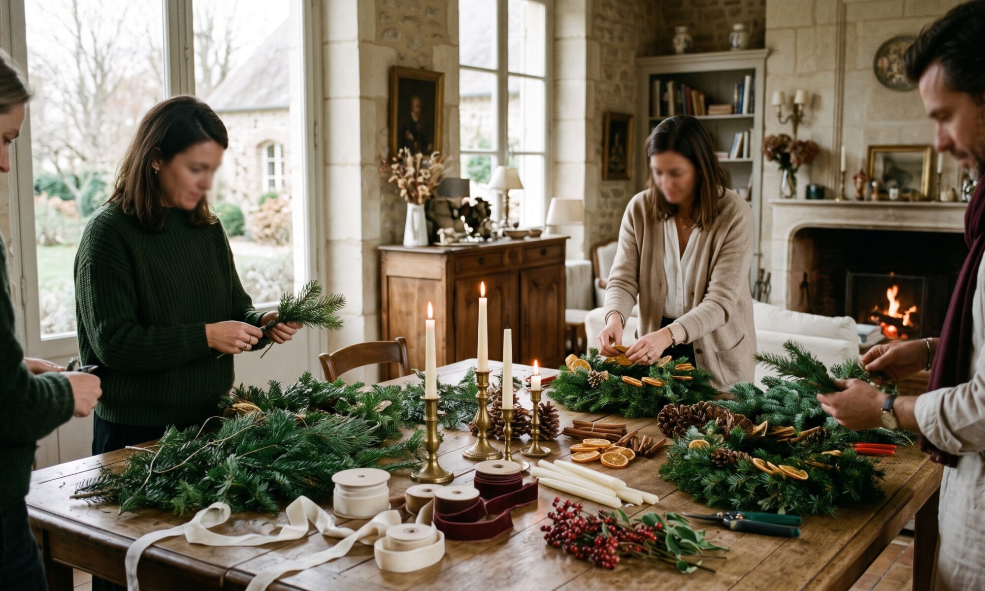Atelier couronnes de l'Avent entre amis autour d'une grande table dans une maison de campagne
