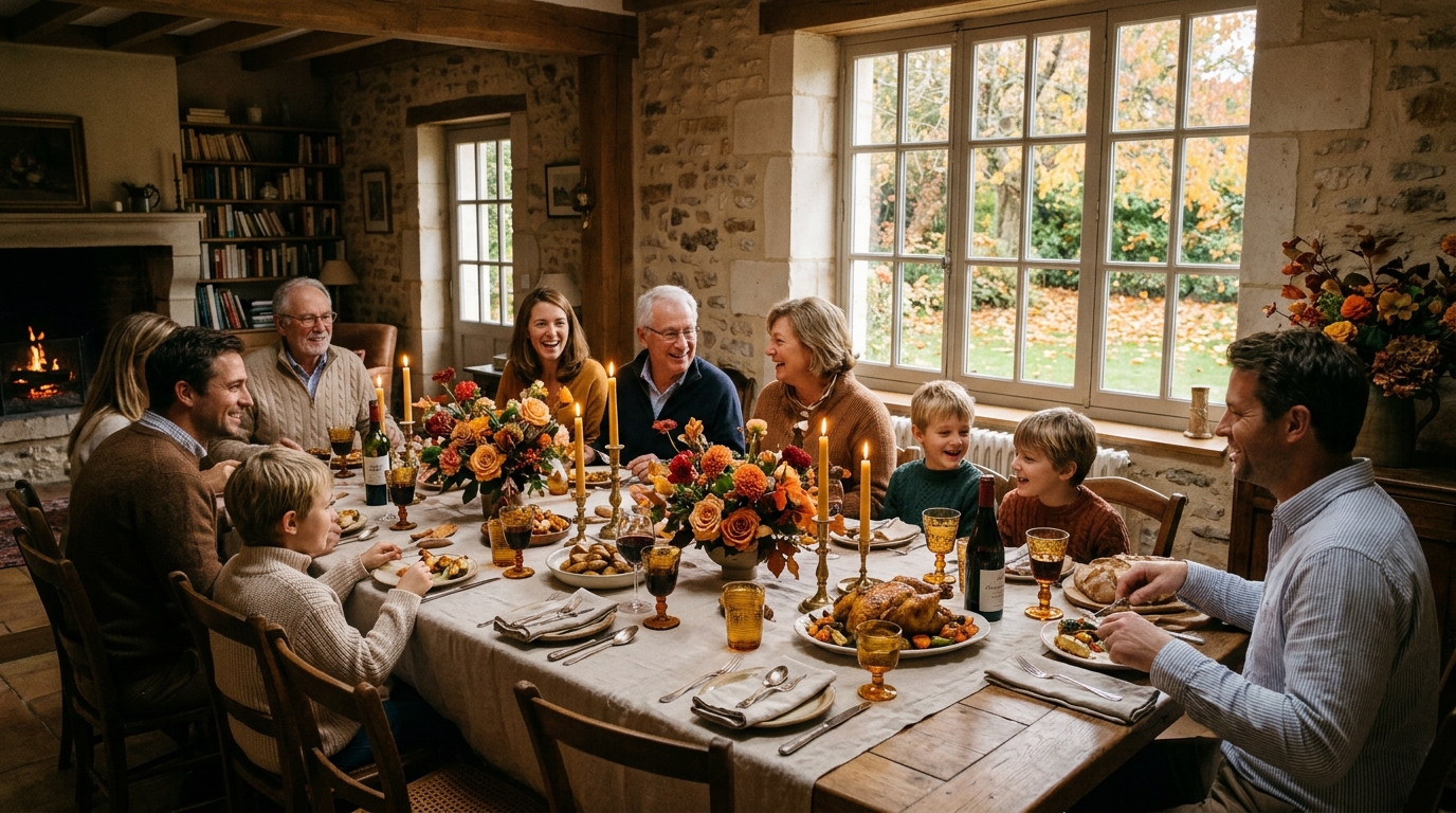Dîner de Toussaint en famille dans une maison de campagne, table automnale aux chandelles