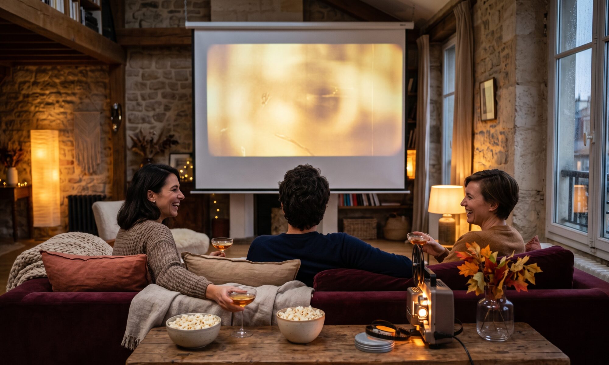 Soirée cinéma privée dans un loft : projection, canapé velours, pop-corn et lumière d'automne
