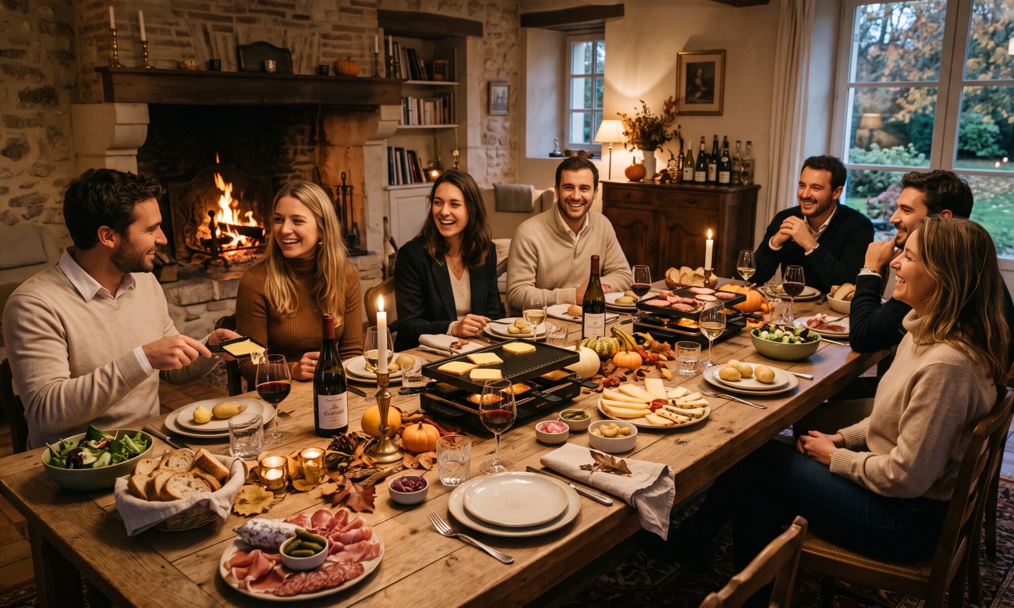 Table de raclette automnale dans une maison privative, cheminee allumee et amis autour du fromage fondu